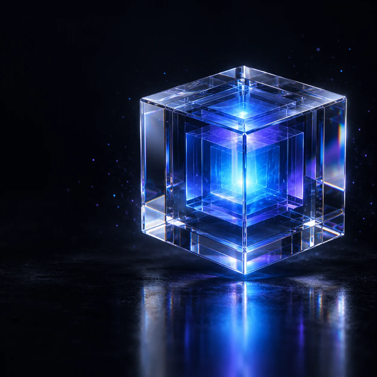 Un cœur lumineux bleu protégé par une structure de verre